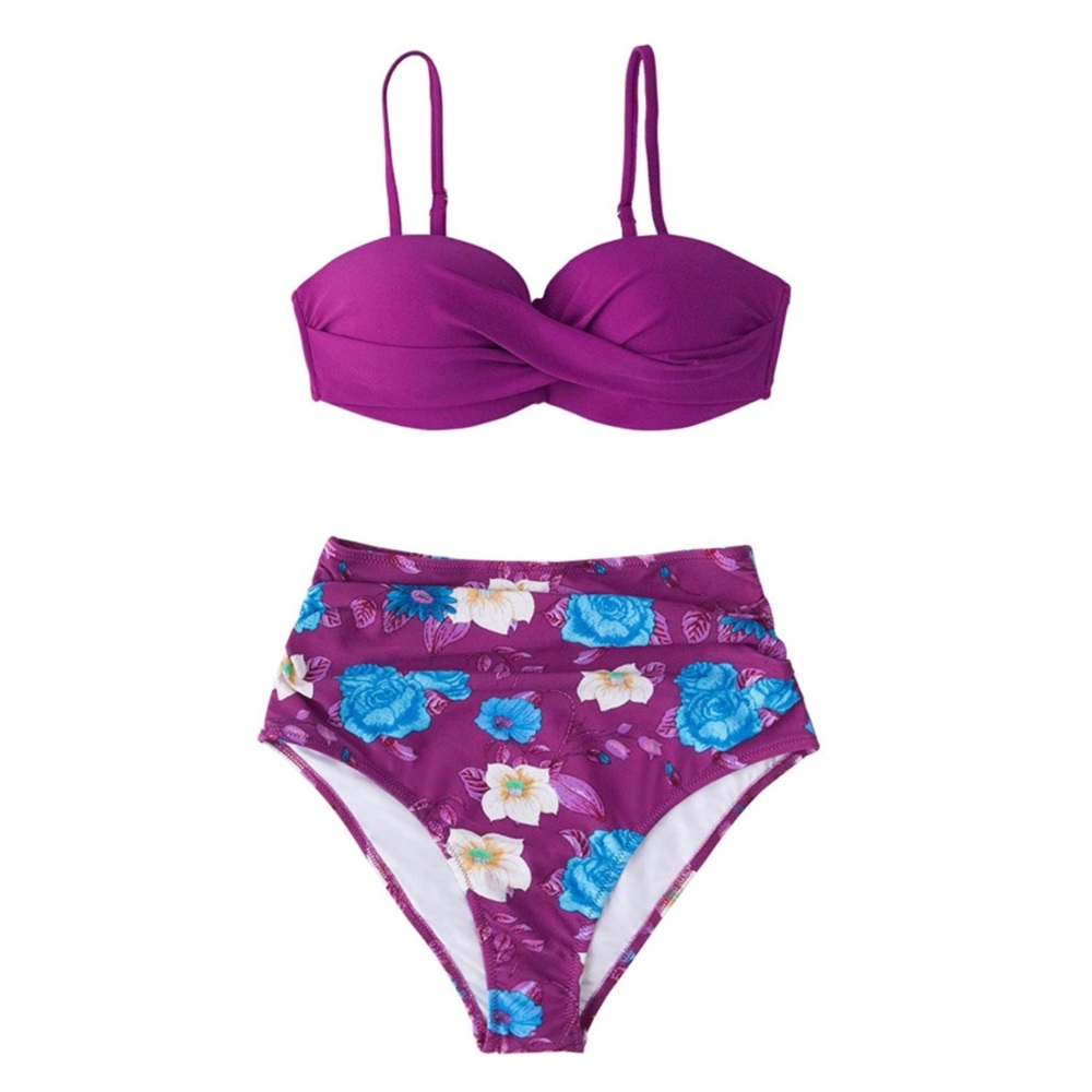Cupshe Purple Floral High-Waist Bikini Set